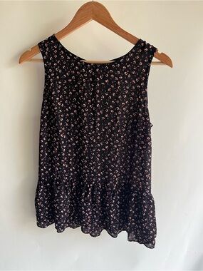 Ann Taylor Loft Blouse Sz Sm Floral Sleeveless Peplum Black Pink Euc